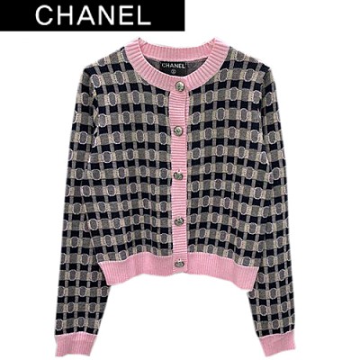 CHANEL-082810 샤넬 핑크 프린트 장식 체크무늬 가디건