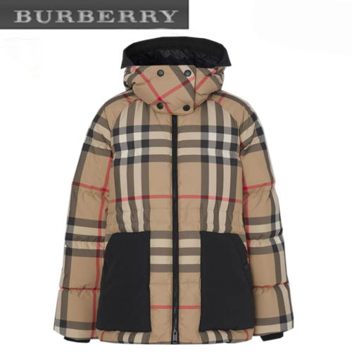 BURBERRY-80459561 버버리 베이지 디태처블 후드 체크 리사이클 퍼퍼 재킷 여성용