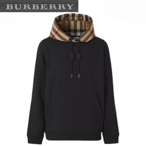 BURBERRY-80450041 버버리 블랙 체크 후드 코튼 블렌드 후디