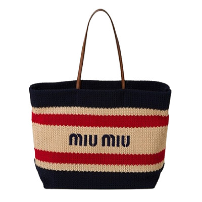 MIUMIU-5BG228 미우미우 네추럴/네이비 라피아 효과 우븐 토트 백