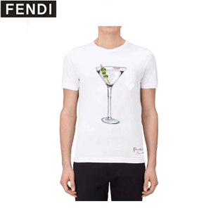 FENDI-FY0894 펜디 화이트 코튼 컵 프린트 장식 티셔츠