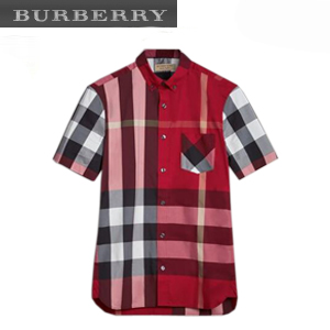 [스페셜오더]BURBERRY-40458371 버버리 쇼트 슬리브 체크 스트레치 차콜 코튼 블렌드 셔츠